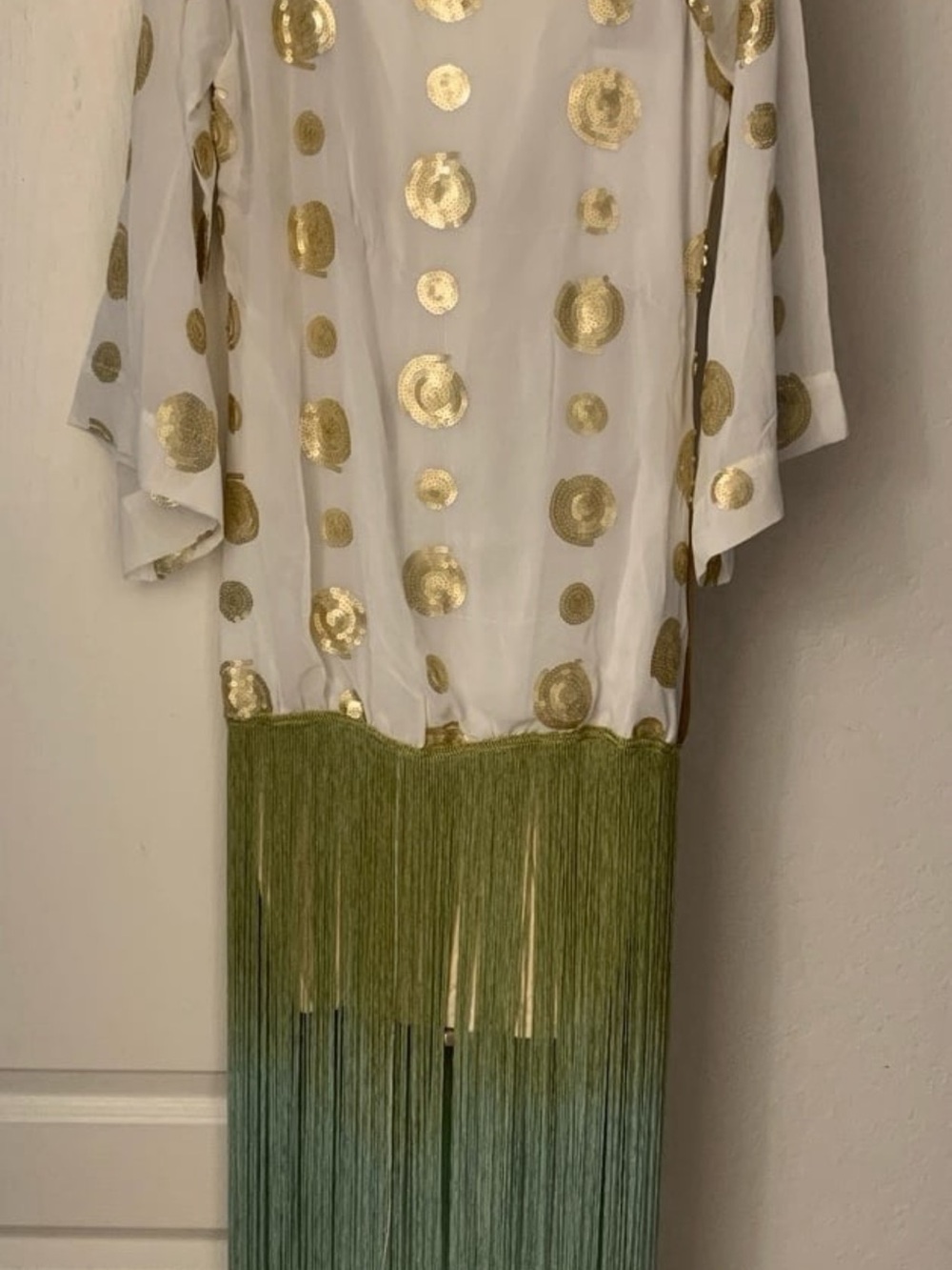 Cream and Gold Sequence Circles Maxi Dress with Green Ombre Fringe